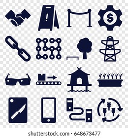 Line icons set. set of 16 line filled icons such as harvest, red carpet barrier, wet floor, pylon, plant in pot, luggage scan, chain, phone, handshake