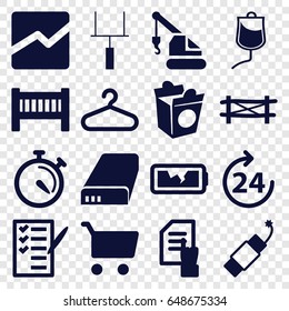 Line icons set. set of 16 line filled icons such as fence, 24 hours, baby bed, hanger, pointing on document, crane, take away food, stopwatch, check list, drop counter