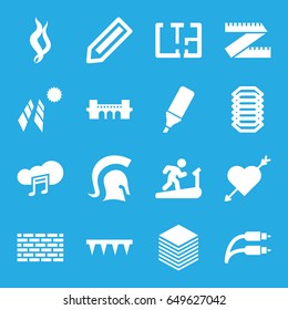 Line icons set. set of 16 line filled icons such as pencil, bridge, plowing tool, music cloud, earphone wire, highlighter, paper, plan, smoke, electric circuit, knight