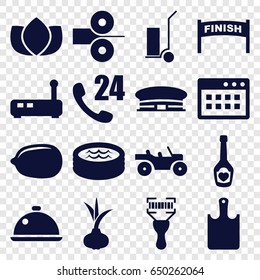 Line icons set. set of 16 line filled icons such as onion, airport, lotus, lemon, cart cargo, bar code scanner, champagne bottle with heart, jacuzzi, dish, chopping board