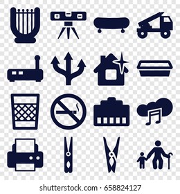 Line icons set. set of 16 line filled icons such as cloth pin, clean house, printer, level ruler, pot for plants, no smoking, music cloud, trash bin, truck rocket, skate, harp