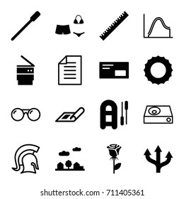 Line icons set. set of 16 line filled and outline icons such as plan, ruler, nailfile, rose, trash bin, swimsuit, city landscape, envelop, dvd player, paper, sunglasses