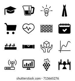 Line icons set. set of 16 line filled and outline icons such as grape, level ruler, jumpsuit, sprout plants, calendar, chart, decanted, box, heartbeat, handle with care