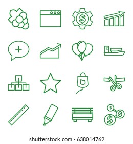 Line icons set. set of 16 line outline icons such as ruler, grape, drop counter, medical cross, highlighter, ship, chart, star, dollar gear, scissors and ribbon, dollar sign