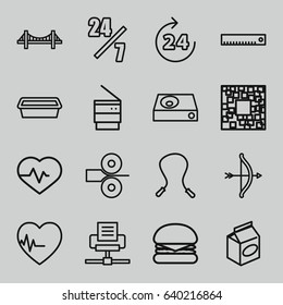 Line icons set. set of 16 line outline icons such as 24 hours, bridge, take away food, pot for plants, heartbeat, dvd player, trash bin, paper press, qr code, 24 hours support