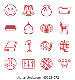 Line icons set. set of 16 line outline icons such as berry, baby bed, hair dryer, pie chart, folder, pot for plants, no brightness, sliders, gramophone, jacuzzi, battery, sack
