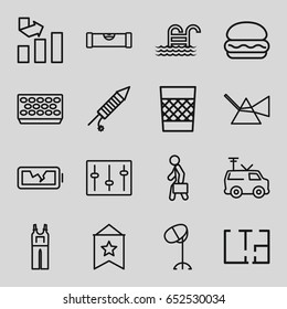 Line icons set. set of 16 line outline icons such as level ruler, hair dryer, jumpsuit, graph, pot for plants, tv van, sliders, trash bin, man with case, fireworks