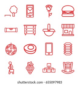 Line icons set. set of 16 line outline icons such as grape, level ruler, baby bed, nightstand, beauty salon, heartbeat on phone, phone, man with case, disco ball, avocado