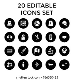 Line icons. set of 20 editable filled line icons such as construction crane, pie chart, cpu, put money on card, qr code, bow, box, love, guitar strings, cable, fireworks