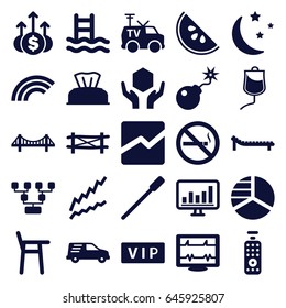 Line icons set. set of 25 line filled icons such as fence, vip, bridge, baby napkin, nailfile, pie chart, heartbeat, no smoking, handle with care, delivery car, bomb