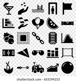 Line icons set. set of 25 line filled icons such as currant, orange, hand with seeds, metal gate detector, level ruler, money on hand, hanger, pool, chain, tv van, chart