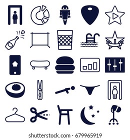 Line icons set. set of 25 line filled and outline icons such as metal gate detector, hair dryer, female underwear, push up, moon and stars, sliders, guitar mediator, avocado