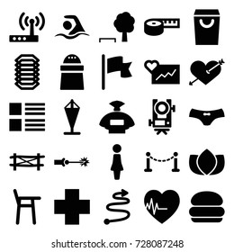 Line icons set. set of 25 line filled icons such as fence, level equipment, perfume, woman, lotus, female underwear, heart with arrow, pepper, medical cross, heartbeat