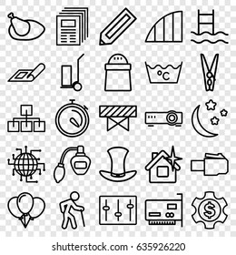 Line icons set. set of 25 line outline icons such as plan, pencil, barrier, perfume, clean house, laundry, cart cargo, pepper, stopwatch, moon and stars, sliders, chicken, hat
