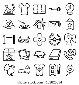 Line icons set. set of 25 line outline icons such as hog, turkey, baby onesie, woman face with flower in hair, shirt, exercise bike, red carpet barrier, clean house