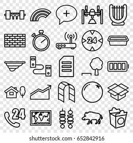 Line icons set. set of 25 line outline icons such as hog, orange, bridge, take away food, pot for plants, playground ladder, fence, box, medical cross, kebab, ful battery