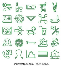 Line icons set. set of 25 line outline icons such as baby chair, curly hair, spa stones, cloth pin, cravat, guitar strings, gramophone, disco ball, broken battery