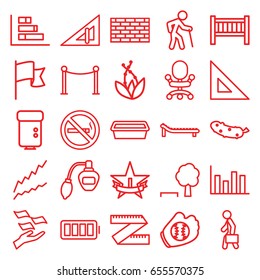 Line icons set. set of 25 line outline icons such as triangle ruler, baby bed, perfume, money on hand, red carpet barrier, cucumber, pot for plants, no smoking, man with case