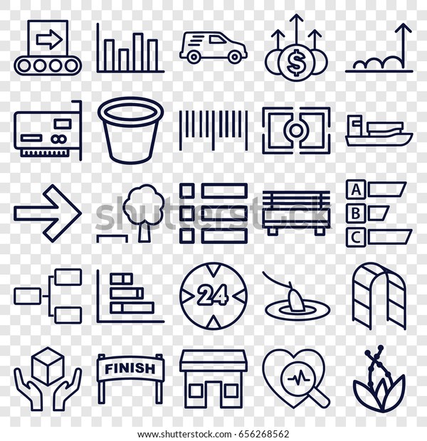 Line icons set.\
set of 25 line outline icons such as pot for plants, playground\
ladder, handle with care, delivery car, heartbeat search,\
structure, camera focus,\
graph