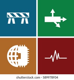 line icons set. Set of 4 line filled icons such as barrier, heartbeat, CPU planet