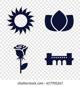 Line icons set. set of 4 line filled icons such as bridge, lotus, rose