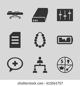Line icons set. set of 9 line filled icons such as medical cross, hospital stretch, sliders, structure, garland, battery, broken battery, marketing