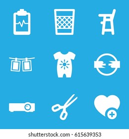 Line icons set. set of 9 line filled icons such as baby onesie, baby chair, heartbeat clipboard, add favorite, trash bin, photos on rope, router, scissors