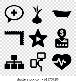 Line icons set. set of 9 line filled icons such as onion, ruler, heartbeat, medical cross, favorite music, camera flash, bath, put money on card