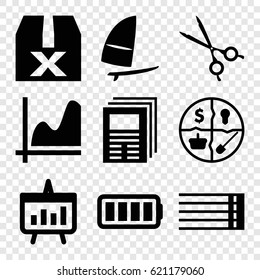 Line icons set. set of 9 line filled icons such as medical scissors, guitar strings, ful battery, windsurfing, chart, newspaper, marketing, question box