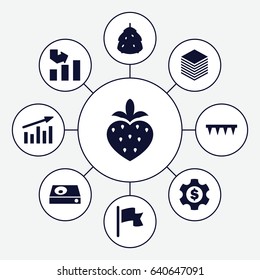 Line icons set. set of 9 line filled icons such as berry, graph, plowing tool, strawberry, dvd player, paper, flag, chart