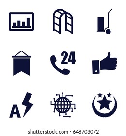 Line icons set. set of 9 line filled icons such as cart cargo, playground ladder, graph, thumb up, auto flash, flag, star, cpu planet