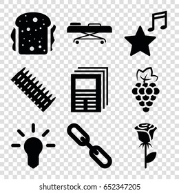Line icons set. set of 9 line filled icons such as grape, rose, sandwich, chain, hospital stretch, favorite music, ammo, bulb
