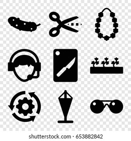 Line icons set. set of 9 line filled icons such as cucumber, sprout plants, operator, garland, chopping board and knife, sunglasses, flag, gear rotate