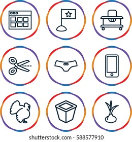 line icons set. Set of 9 line outline icons such as turkey, onion, baby walker, female underwear, pot for plants, phone, browser window, scissors