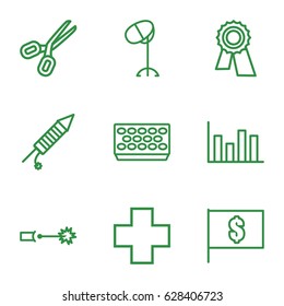 Line icons set. set of 9 line outline icons such as hair dryer, award, pot for plants, medical cross, fireworks, electric circuit, flag with dollar, scissors
