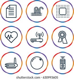 Line icons set. set of 9 line outline icons such as orange, award, paper, chip, router, pool ladder, remote control