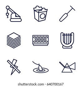 Line icons set. set of 9 line outline icons such as crane, take away food, pot for plants, medical hammer, paper, no flash, fishing, intersection