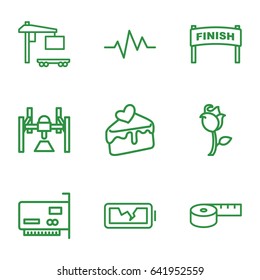 Line icons set. set of 9 line outline icons such as cargo truck, cake slice, rose, heartbeat, broken battery, box, phone connection cable, measuring tape