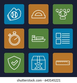 Line icons set. set of 9 line outline icons such as ruler, baseball glove, ship, shield, menu, stopwatch, protractor, question box