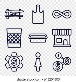 Line icons set. set of 9 line outline icons such as fence, woman, beauty salon, pot for plants, trash bin, eternity, chopping board, dollar gear