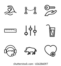 Line icons set. set of 9 line outline icons such as fence, hog, add favorite, operator, ruler, cocktail, swimming, adjust