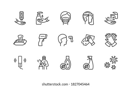 Line icons set about disinfection and personal protective equipment. Vector illustration antiviral actions. Editable strokes.