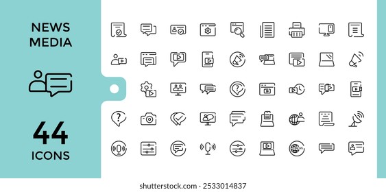 Line icons set about journalism. Collection of such icons as news, Press media, tv, radio, newspaper, digital media and journalist. Editable stroke. pixel perfect.