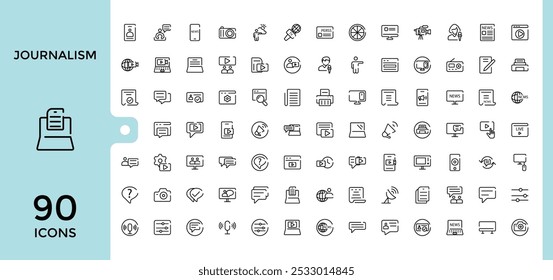 Conjunto de iconos de línea sobre periodismo. Colección de íconos como noticias, medios de Prensa, televisión, radio, prensa, medios digitales y periodistas. Trazo editable. píxel perfecto.
