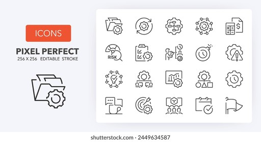 Line icons set about project management. Contains such icons as workflow, task, to do list, timeline and deadline. Editable vector stroke. 256x256 Pixel Perfect scalable to 128px, 64px...