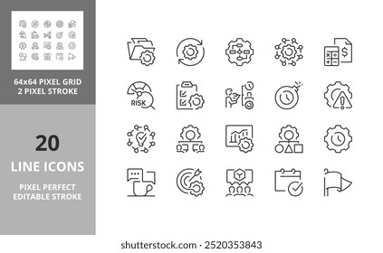 Line icons set about project management. Contains such icons as workflow, task, to do list, timeline and deadline. Editable vector stroke. 64 and 256 Pixel Perfect scalable to 128px...