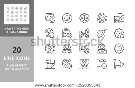 Line icons set about project management. Contains such icons as workflow, task, to do list, timeline and deadline. Editable vector stroke. 64 and 256 Pixel Perfect scalable to 128px...