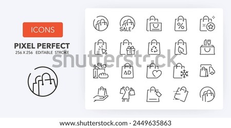 Line icons set about shopping bags. Contains such icons as sale, eco, click and collect, grocery and more. Editable vector stroke. 256x256 Pixel Perfect scalable to 128px, 64px...