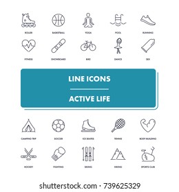 Line icons set. Active life pack. Vector illustration for activity and gym, health care and sport. 