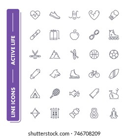  Line icons set. Active life pack. Vector illustration for activity and gym, health care and sport. 